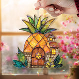Pineapple House Acrylic Suncatcher, Stained Glass Style Cottage Window Hanging, Whimsical Fruit Home Decor Gift for Tropical Lovers