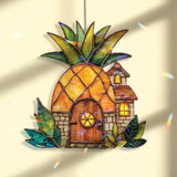 Pineapple House Acrylic Suncatcher, Stained Glass Style Cottage Window Hanging, Whimsical Fruit Home Decor Gift for Tropical Lovers