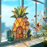 Pineapple House Acrylic Suncatcher, Stained Glass Style Cottage Window Hanging, Whimsical Fruit Home Decor Gift for Tropical Lovers
