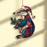 Christmas Badger Acrylic Suncatcher, Stained Glass Style Holiday Animal Window Hanging, Festive Wildlife Decor Gift with Santa Hat