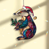 Christmas Badger Acrylic Suncatcher, Stained Glass Style Holiday Animal Window Hanging, Festive Wildlife Decor Gift with Santa Hat