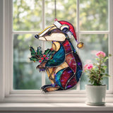 Christmas Badger Acrylic Suncatcher, Stained Glass Style Holiday Animal Window Hanging, Festive Wildlife Decor Gift with Santa Hat