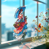 Lady with Umbrella Acrylic Suncatcher, Stained Glass Style Woman Window Hanging, Colorful Vintage Dress Fruit Basket Home Decor