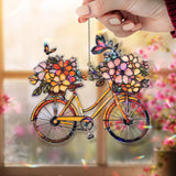 Bicycle with Flowers Acrylic Suncatcher, Stained Glass Style Bike Window Hanging with Butterflies, Colorful Floral Home Decor Gift