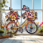 Bicycle with Flowers Acrylic Suncatcher, Stained Glass Style Bike Window Hanging with Butterflies, Colorful Floral Home Decor Gift