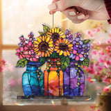 Sunflower Mason Jar Acrylic Suncatcher, Colorful Stained Glass Style Flower Window Hanging, Bright Floral Home Decor Gift