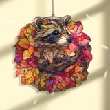 Raccoon Autumn Leaves Acrylic Suncatcher, Stained Glass Style Woodland Animal with Fall Foliage, Rustic Nature Window Hanging Decor