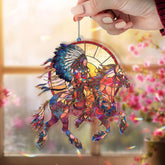 Native Warrior Horse Acrylic Suncatcher, Stained Glass Style Rider with Feather Headdress, Tribal Western Window Hanging Rustic Decor