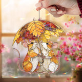 Mouse Couple Acrylic Suncatcher, Stained Glass Style Cute Mice with Autumn Leaf Umbrella, Woodland Animal Window Hanging Home Decor