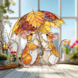 Mouse Couple Acrylic Suncatcher, Stained Glass Style Cute Mice with Autumn Leaf Umbrella, Woodland Animal Window Hanging Home Decor