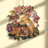 Deer and Fawn Acrylic Suncatcher, Stained Glass Style Woodland Mother Deer with Blossoms, Rustic Nature Window Hanging Home Decor Gift