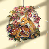 Deer and Fawn Acrylic Suncatcher, Stained Glass Style Woodland Mother Deer with Blossoms, Rustic Nature Window Hanging Home Decor Gift