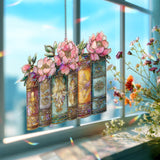 Books and Flowers Acrylic Suncatcher, Stained Glass Style Vintage Bookshelf with Pink Peonies, Literary Window Hanging Home Decor Gift