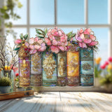 Books and Flowers Acrylic Suncatcher, Stained Glass Style Vintage Bookshelf with Pink Peonies, Literary Window Hanging Home Decor Gift