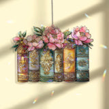 Books and Flowers Acrylic Suncatcher, Stained Glass Style Vintage Bookshelf with Pink Peonies, Literary Window Hanging Home Decor Gift