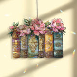 Books and Flowers Acrylic Suncatcher, Stained Glass Style Vintage Bookshelf with Pink Peonies, Literary Window Hanging Home Decor Gift