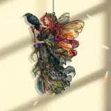 Fairy Raven Acrylic Suncatcher, Stained Glass Style Woodland Fairy with Wings and Bird, Fantasy Nature Window Hanging Gothic Home Decor