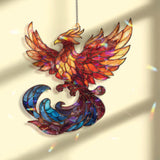 Phoenix Acrylic Suncatcher, Stained Glass Style Fiery Bird Rising with Blue Flame Tail, Mythical Fantasy Window Hanging Home Decor