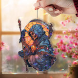 Grim Reaper Acrylic Suncatcher, Stained Glass Style Hooded Skeleton with Scythe and Raven, Gothic Halloween Window Hanging Decor