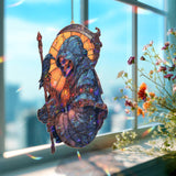 Grim Reaper Acrylic Suncatcher, Stained Glass Style Hooded Skeleton with Scythe and Raven, Gothic Halloween Window Hanging Decor