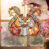 Squirrel Couple Acrylic Suncatcher, Stained Glass Style Woodland Chipmunks with Acorns, Rustic Autumn Window Hanging Nature Home Decor