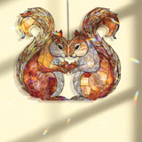 Squirrel Couple Acrylic Suncatcher, Stained Glass Style Woodland Chipmunks with Acorns, Rustic Autumn Window Hanging Nature Home Decor