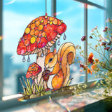 Squirrel Mushroom Acrylic Suncatcher, Stained Glass Style Woodland Scene with Acorn and Toadstool, Cute Forest Animal Window Hanging