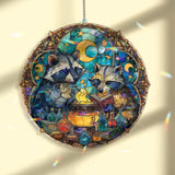 Raccoon Potion Acrylic Suncatcher, Stained Glass Style Magical Raccoons with Cauldron and Stars, Fantasy Witchy Window Hanging Decor