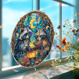 Raccoon Potion Acrylic Suncatcher, Stained Glass Style Magical Raccoons with Cauldron and Stars, Fantasy Witchy Window Hanging Decor