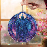 Galaxy Knight Acrylic Suncatcher, Stained Glass Style Warrior with Sword and Shield, Cosmic Fantasy Window Hanging Gothic Home Decor