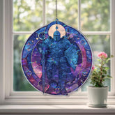 Galaxy Knight Acrylic Suncatcher, Stained Glass Style Warrior with Sword and Shield, Cosmic Fantasy Window Hanging Gothic Home Decor