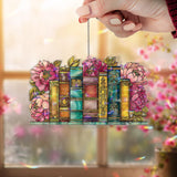 Books and Peonies Acrylic Suncatcher, Stained Glass Style Window Hanging with Colorful Vintage Bookshelf, Literary Home Decor Gift