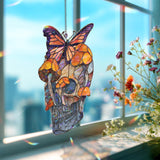Butterfly Skull Acrylic Suncatcher, Stained Glass Style Window Hanging with Orange Mushrooms, Gothic Nature Boho Home Decor
