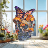 Butterfly Skull Acrylic Suncatcher, Stained Glass Style Window Hanging with Orange Mushrooms, Gothic Nature Boho Home Decor