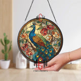 Peacock Stained Glass Suncatcher, Round Colorful Bird and Floral Window Hanging, Elegant Nature Art Home Decor Gift for Peacock Lovers