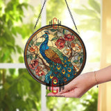Peacock Stained Glass Suncatcher, Round Colorful Bird and Floral Window Hanging, Elegant Nature Art Home Decor Gift for Peacock Lovers