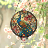 Peacock Stained Glass Suncatcher, Round Colorful Bird and Floral Window Hanging, Elegant Nature Art Home Decor Gift for Peacock Lovers