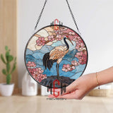 Peacock Stained Glass Suncatcher, Round Elegant Bird with Floral Design Window Hanging, Colorful Nature Art Home Decor Gift