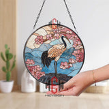 Peacock Stained Glass Suncatcher, Round Elegant Bird with Floral Design Window Hanging, Colorful Nature Art Home Decor Gift