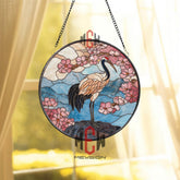Peacock Stained Glass Suncatcher, Round Elegant Bird with Floral Design Window Hanging, Colorful Nature Art Home Decor Gift