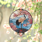 Peacock Stained Glass Suncatcher, Round Elegant Bird with Floral Design Window Hanging, Colorful Nature Art Home Decor Gift