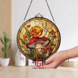 Autumn Animals Stained Glass Suncatcher, Round Raccoon and Bear by Campfire Window Hanging, Cozy Fall Nature Home Decor Gift