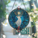 Llama Stained Glass Suncatcher, Round Colorful Alpaca with Sun and Mountain Window Hanging, Boho Nature Art Home Decor Gift