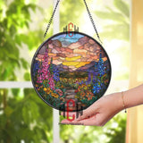 Celestial Deer Stained Glass Suncatcher, Round Stag with Starry Sky and Golden Antlers Window Hanging, Mystic Nature Home Decor Gift