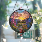 Celestial Deer Stained Glass Suncatcher, Round Stag with Starry Sky and Golden Antlers Window Hanging, Mystic Nature Home Decor Gift