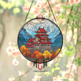 Garden Arch Stained Glass Suncatcher, Round Rose Flower Window Hanging with Scenic Landscape View, Romantic Nature Home Decor Gift