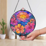 Japanese Castle Stained Glass Suncatcher, Round Mountain Temple Window Hanging with Autumn Trees, Asian Landscape Home Decor Gift