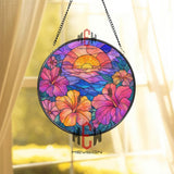 Japanese Castle Stained Glass Suncatcher, Round Mountain Temple Window Hanging with Autumn Trees, Asian Landscape Home Decor Gift