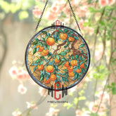 Autumn Lantern Stained Glass Suncatcher, Round Mushroom and Fall Leaves Window Hanging, Woodland Nature Rustic Home Decor Gift