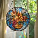 Autumn Harvest Stained Glass Suncatcher, Round Basket with Golden Leaves and Grapes Window Panel, Fall Floral Glass Art Decor